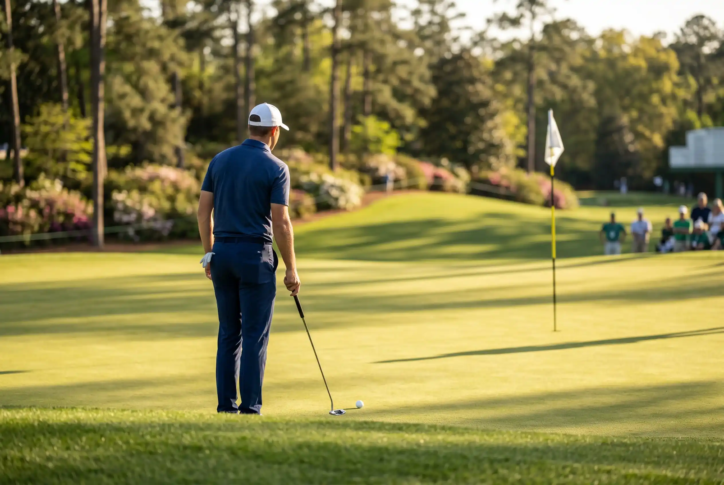Golfista profesional en el green de un major con luz dorada del atardecer