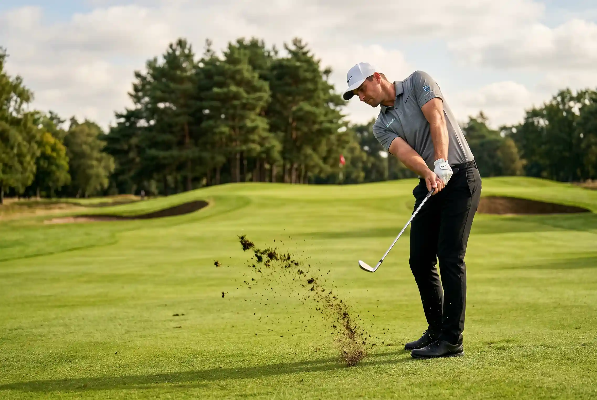 Jugador de golf profesional ejecutando un tiro de aproximación al green con hierro